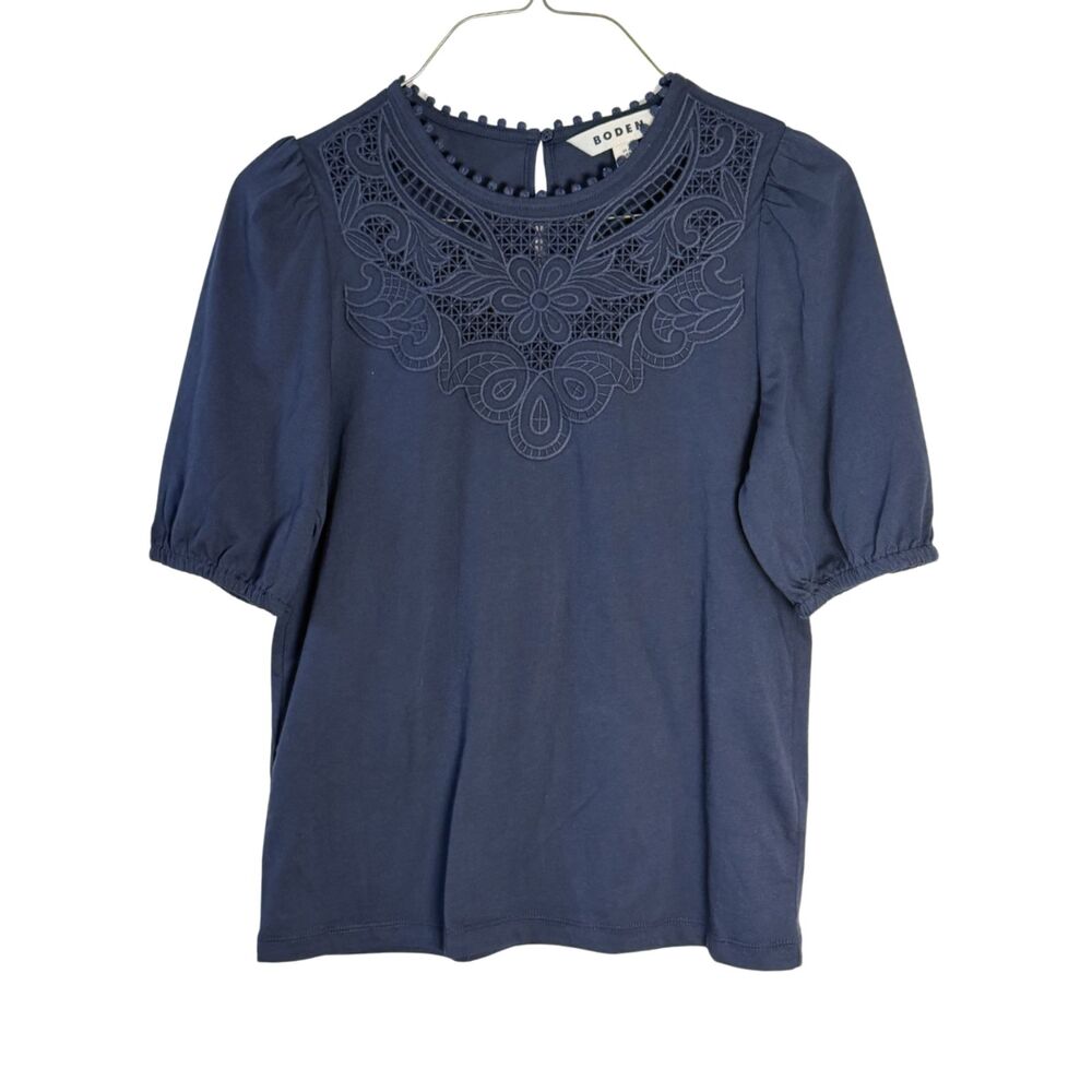 Boden Navy Blue Cutwork Lace Embroidered Puff Short Sleeve T Shirt Size 2